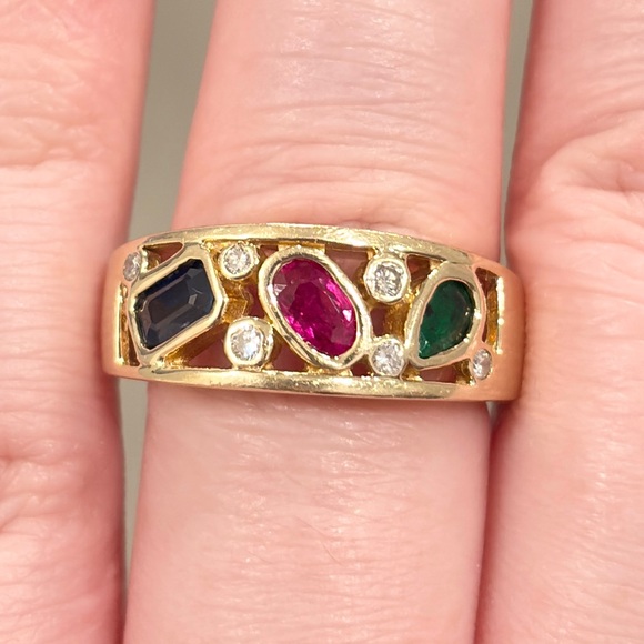 Jewelry - Vintage 14K Natural Precious Gemstone Ring Ruby Sapphire Emerald Diamond 7.5